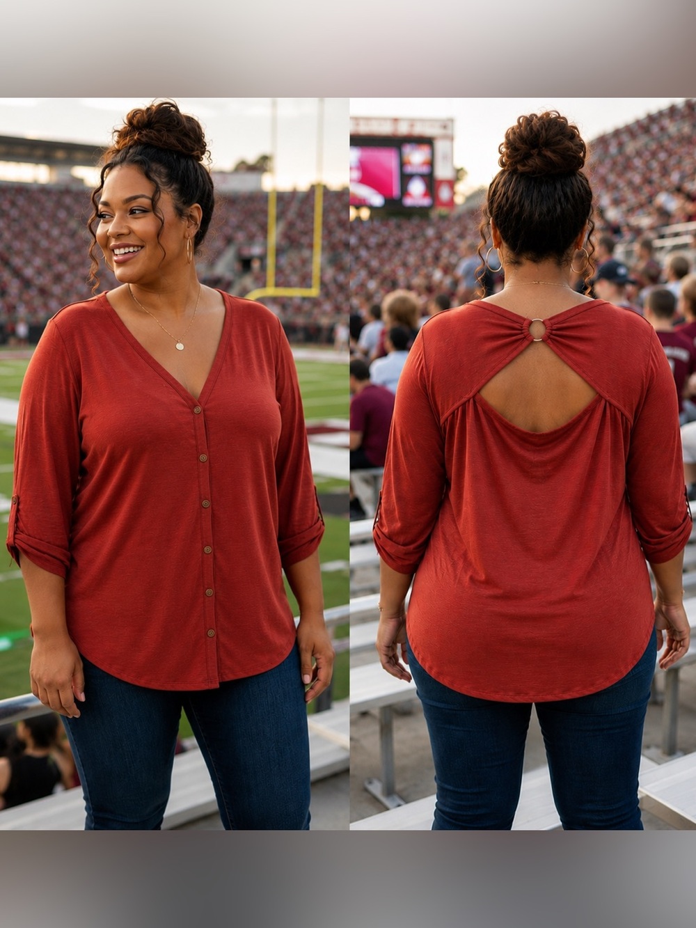 No Boundaries Rust Button-Front V-Neck Top with Ring Back